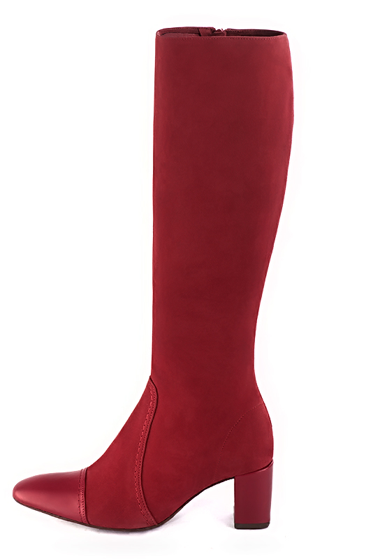 Custom-made women's cardinal red and burgundy red elegant classic knee-high boots. Round toe. Medium block heels - Profile view